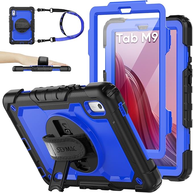 SEYMAC stock Case for Lenovo Tab M9 (TB-310FU) 2023 with Screen Protector, Drop-Proof Protection Cover with 360° Rotating Stand &Strap [Pen Holder] Case for Lenovo Tab M9 9'' (Blue+Black)
