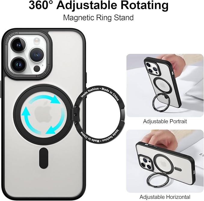 ZIYE Magnetic Case for iPhone 13 Pro Max Case with Stand [Compatible with MagSafe] Slim Shockproof Military Grade Heavy Duty Cover with 360 Rotatable Ring Kickstand for Women Men, Translucent Black