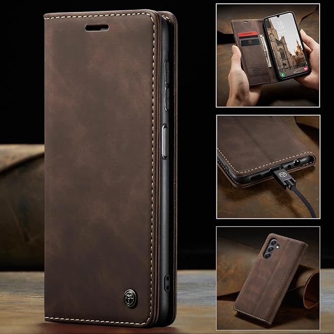 for Samsung Galaxy A15 Case, Flip Wallet Leather Case with Card Holder Magnetic Closure Shockproof Kickstand Protective Phone Cases Cover for Samsung A15,Coffee