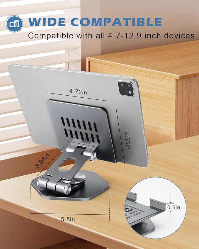 Foldable Aluminum Tablet Stand for Desk, 360° Swivel iPad & Tablet Holder – Portable & Stable Desktop Mount for 5–12.9in Devices, Grey