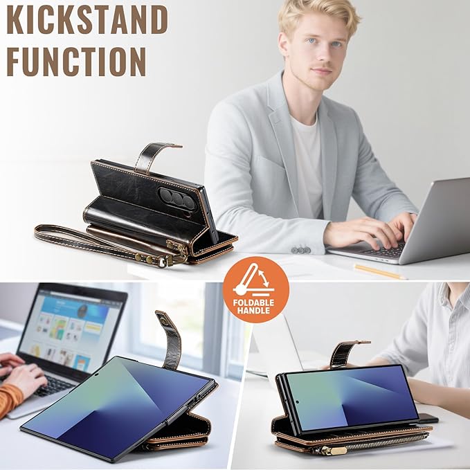 Vinich for Samsung Galaxy Z Fold 7 Wallet Case with Card Holder, Detachable Strap RFID Blocking Credit Slots Kickstand Shockproof Phone Cover for Women Men, Luxury Coffee