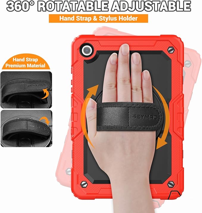 SEYMAC Case for Samsung Galaxy Tab A9+/ A9 Plus 11" (SM-X210/X216/X218), Heavy Duty Shockproof Protective Case with Screen Protector, Rotating Stand, Hand/Shoulder Strap and Pen Holder, Red