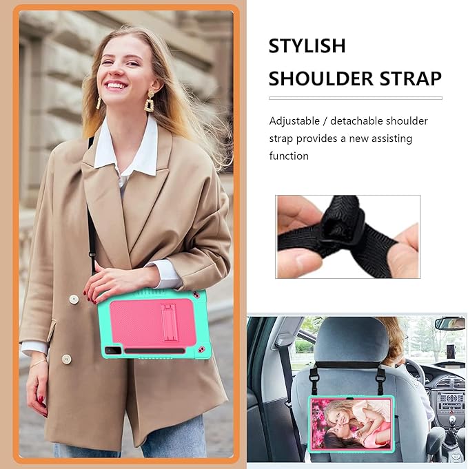 for Lenovo Tab P12 12.7 inch 2023，for Lenovo Tab P12 Heavy Duty Cover with Kickstand Shoulder Strap Pen Holder Kids Friendly Shell Case for Lenovo Tab P12/Xiaoxin Pad Pro 12.7" (Green Pink)