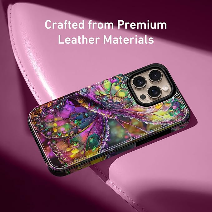 FUNMIKO for iPhone 16 Pro Max Wallet Case with Card Holder, RFID-Blocking, Military-Grade Protection & UV-Printed Artwork, Magnetic Closure with Leather Kickstand - Vibrant Elegant Butterfly