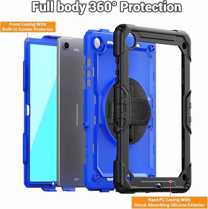 SEYMAC Case for Samsung Galaxy Tab A9+/ A9 Plus 11" (SM-X210/X216/X218), Heavy Duty Shockproof Protective Case with Screen Protector, Rotating Stand, Hand/Shoulder Strap and Pen Holder, Blue