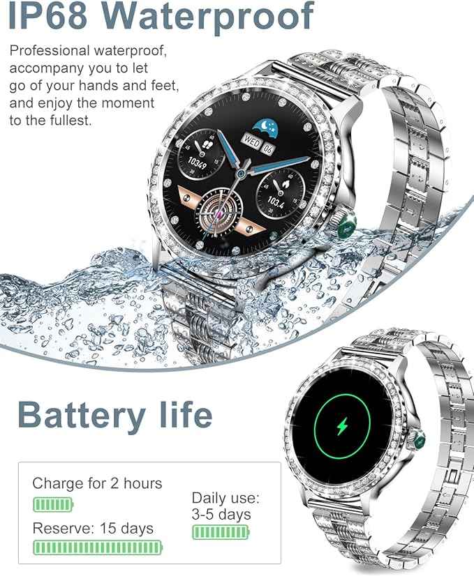 Smart Watches for Women(Answer/Make Calls) with Diamonds, 1.3” HD Bluetooth Smart Watch for Android iOS Phones, IP68 Waterproof Fitness Activity Trackers Smartwatch with Heart Rate/SpO2/Sleep Monitor