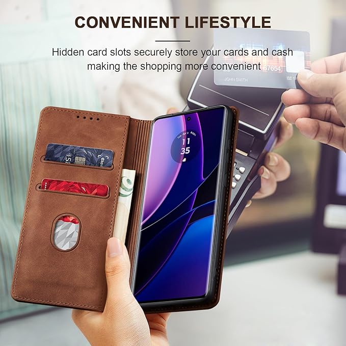 Jasonyu Flip Wallet Case for Motorola Edge (2023),Leather Magnetic Folio Cover with Card Holder,Kickstand - TPU Shockproof Durable Protective Phone Case,Brown