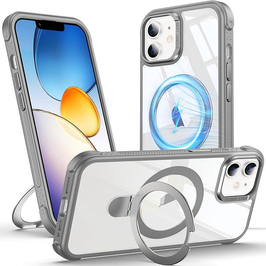 Anqrp O-Ring Magnetic Kickstand Clear Case for iPhone 12/12 Pro, Compatible with Mag-Safe, Military-Grade Reinforced 4-Corners Anti-Yellowing Transparent Phone Case Cover for iPhone 12/12 Pro, Gray