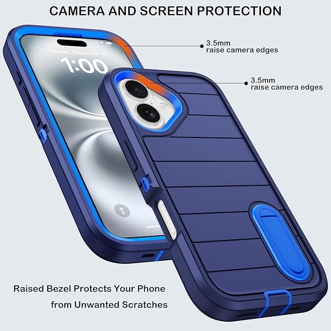 for iPhone 16 Case with 2 Screen Protectors,Heavy Duty Shockproof Drop Protection Military Grade Tri-Layer Rugged Cell Phone Cover with Built-in Invisible Kickstand 6.1“ (Blue)