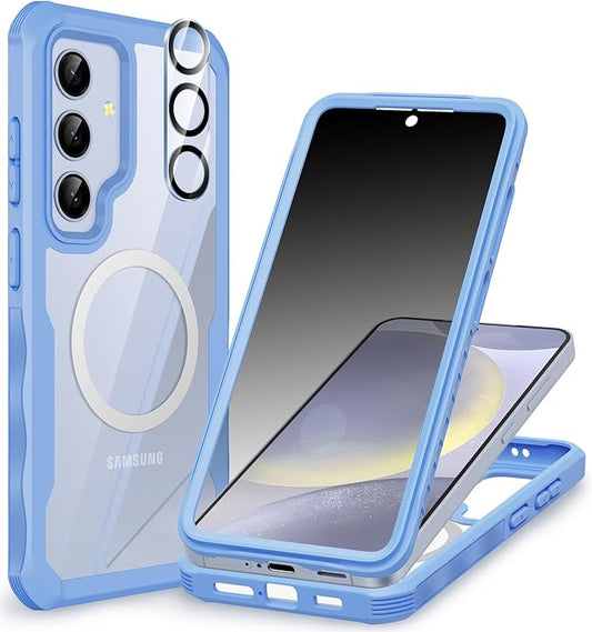 CENHUFO Magnetic Privacy for Samsung Galaxy S24 Case, Full Body Phone Case with Built-in Privacy Screen Protector and Camera Lens Protector, Anti Peep Shockproof Bumper Clear Protective Cover -Blue