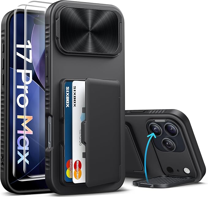 for iPhone 17 Pro Max Case Wallet with Stand, Built-in [2 Pack] Screen Protector & Card Holder & Camera Cover, Military Grade Drop Protection Phone Case for iPhone 17 Pro Max 2025, Black