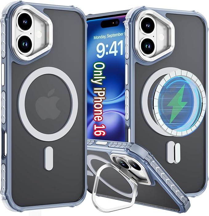 for iPhone 16 Case with Camera Stand，[Compatible with MagSafe] Heavy Duty Rugged Magnetic Case for iPhone 16，Grey ﻿