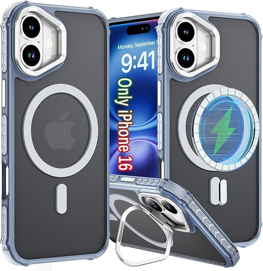 for iPhone 16 Case with Camera Stand，[Compatible with MagSafe] Heavy Duty Rugged Magnetic Case for iPhone 16，Grey ﻿