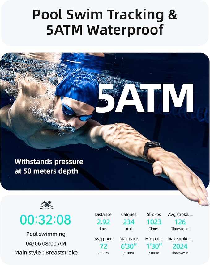 Parsonver Swimming Smart Watch, 5ATM Waterproof for Pool & Open Water, Built-in GPS & Compass, AMOLED Screen Fitness Tracker with 100+ Sports Modes, Heart Rate & Sleep Monitor, AI Swim Analysis, Black