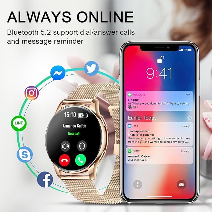 Smartwatch for Women, Waterproof Bluetooth Call Watch for Android iOS Phones, 1.32" AMOLED Round Touch Screen Fitness Tracker with 100+ Sports Modes/Health Monitor/Password Lock/Message Reminder