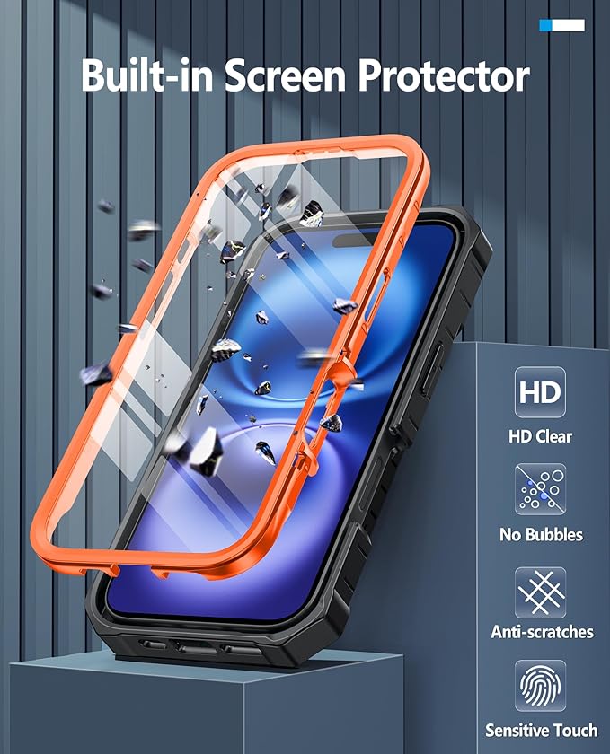 FNTCASE for iPhone 16 Phone Case: for iPhone 16 case with Kickstand Shockproof Military Grade Protective Cover - Dual Layer Full Protection Sturdy Matte Textured Drop Proof - 6.1 Inch Orange