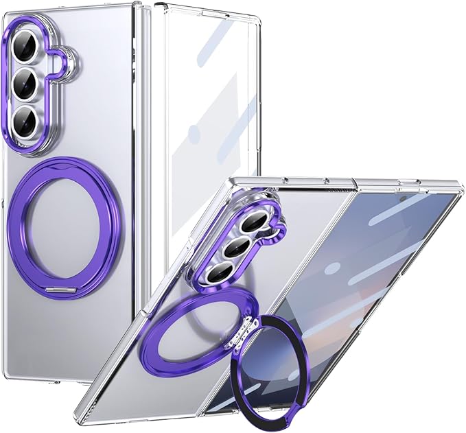 for Samsung Galaxy Z Fold 7 Case with Magnetic Ring Holder, 360 Rotating Bracket, Built-in Front Screen Len Protector, Anti-Yellowing & Anti-Fingerprint Crystal Clear Case.(Violet)