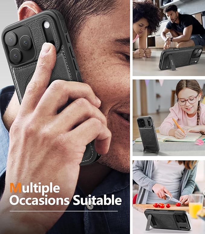 Magnetic for iPhone 17 Pro Max Leather Case,Built-in Invisible Stand [Compatible with Magsafe] Protective Slim Kickstand Phone Cover for iPhone 17 Pro Max, Black