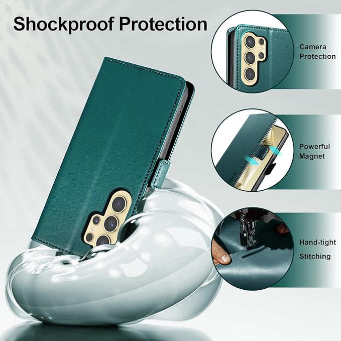 Wallet Flip Case for Samsung Galaxy S24 Ultra 5G - [RFID Blocking] Luxury PU Leather Card Holder Magnetic Phone Cover with Kickstand,Shockproof Protective Case,Green