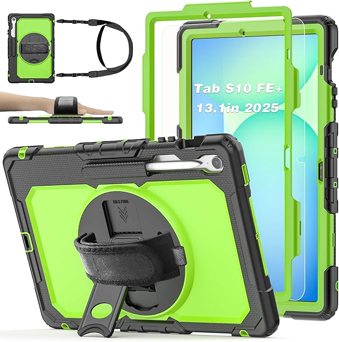 Case for Samsung Galaxy Tab S10 FE Plus 5G Tablet 13.1'', Shockproof Protective Cover with Tempered Glass Screen Protector, Rotatable Kickstand, S Pen Holder, Hand/Shoulder Strap, Green