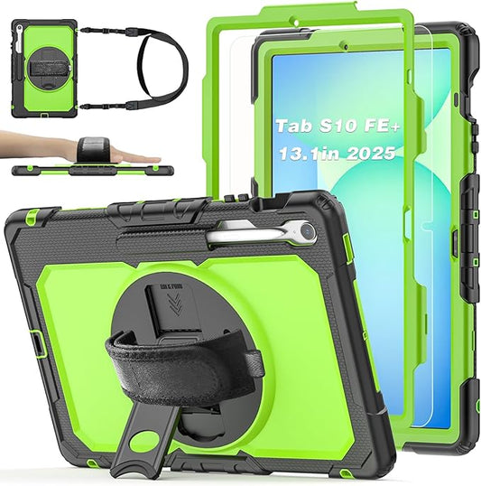 Case for Samsung Galaxy Tab S10 FE Plus 5G Tablet 13.1'', Shockproof Protective Cover with Tempered Glass Screen Protector, Rotatable Kickstand, S Pen Holder, Hand/Shoulder Strap, Green