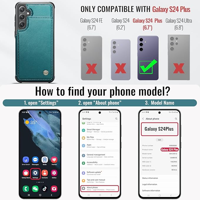 Vinich for Samsung Galaxy S24 Plus Wallet Case with Card Holder, RFID Blocking Credit Slots Kickstand Shockproof Phone Cover for Women Men, Bluish Green