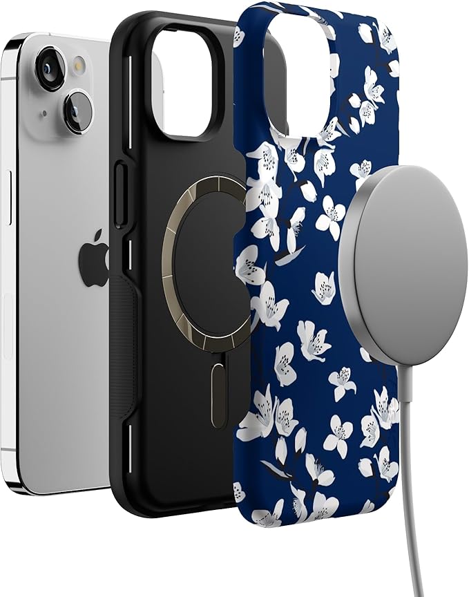 Casely iPhone 14 Case | Floral Forest | Navy Cherry Blossom Floral | Compatible with MagSafe | Bold Protective Design