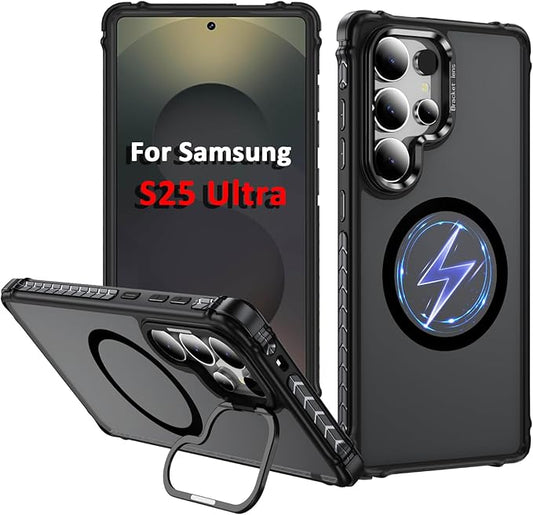 Magnetic for Samsung Galaxy S25 Ultra Case Black Fit for MagSafe Military-Grade Shockproof Protection Adjustable Kickstand Slim Matte Anti-Fingerprint Cover Men Women