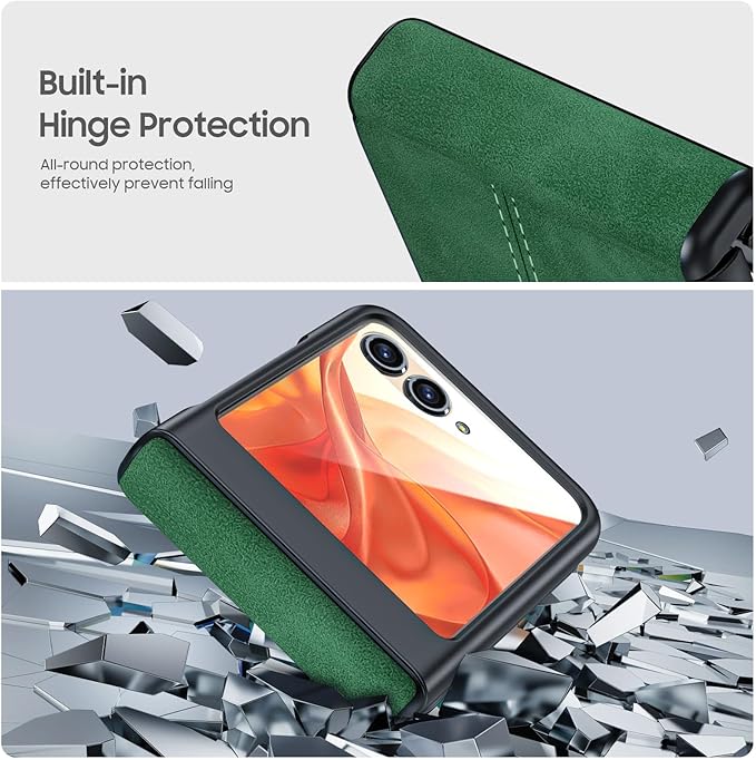 for Motorola Razr 2024 Case/Razr 2025 Case, Built-in Screen Protector & Hinge Protection & Ultra Thin PU Leather Matte PC Shockproof Phone Cover Smartphone Case for Moto Razr 2024/2025(Green)