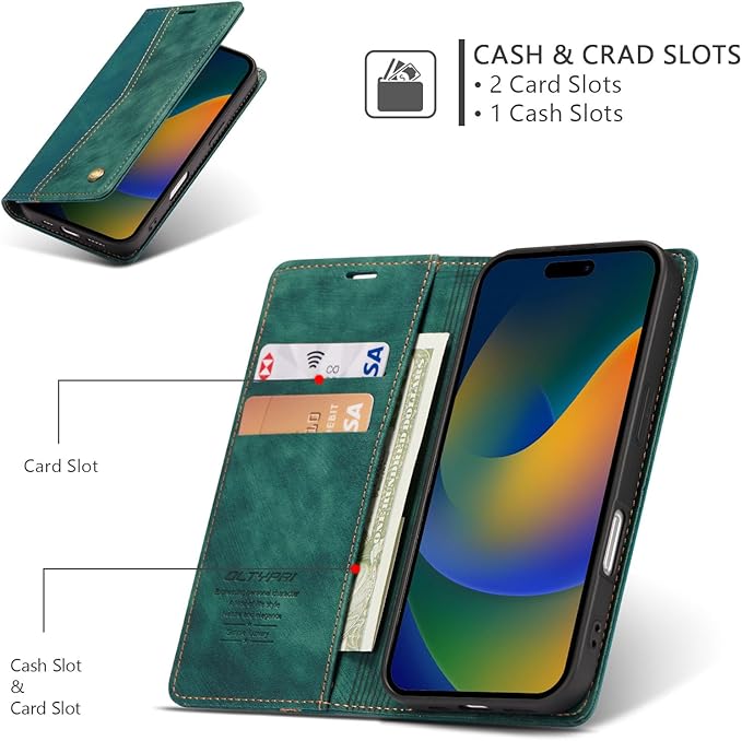 QLTYPRI for iPhone 16 Plus Case Wallet with Card Holder, Vintage PU Leather Kickstand Magnetic Closure Shockproof Folio Book Cover Case for iPhone 16 Plus - Retro Green