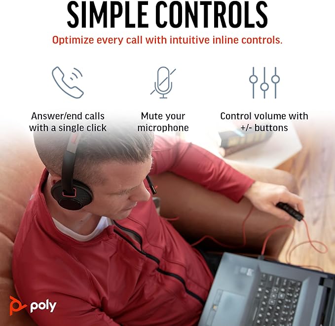 Poly Blackwire 5220 Wired Headset - Flexible Boom Mic - Noise Cancelling Headphones with Mic - USB-C, USB-A, 3.5mm - Ergonomic Over-Ear Design - Works with Microsoft Teams, Zoom - Work from Home