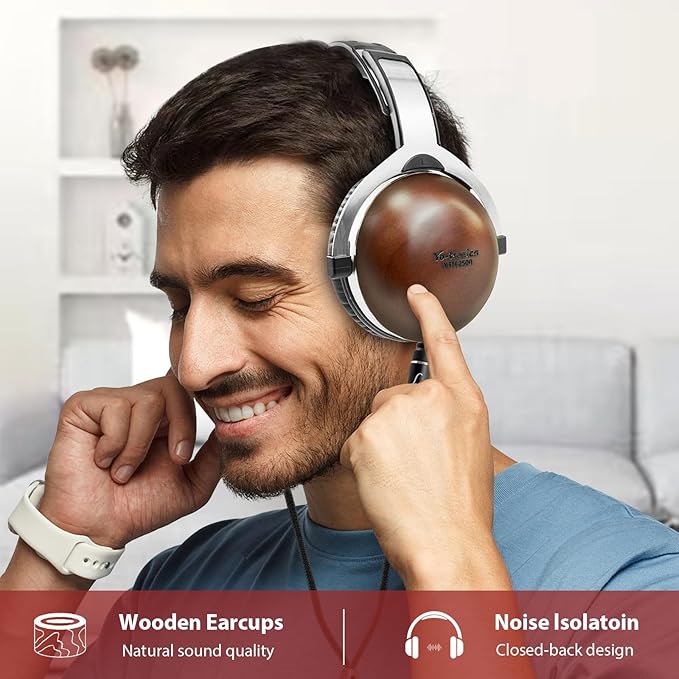 Over Ear Pine Wood Headphones, Hi-Res Audio with 50mm Dynamic Driver, Closed-Back, 3.5mm Wired Jack, DAC, Luxurious Silver Velour Earpads for Audiophiles, Podcasts, Home Audio Systems