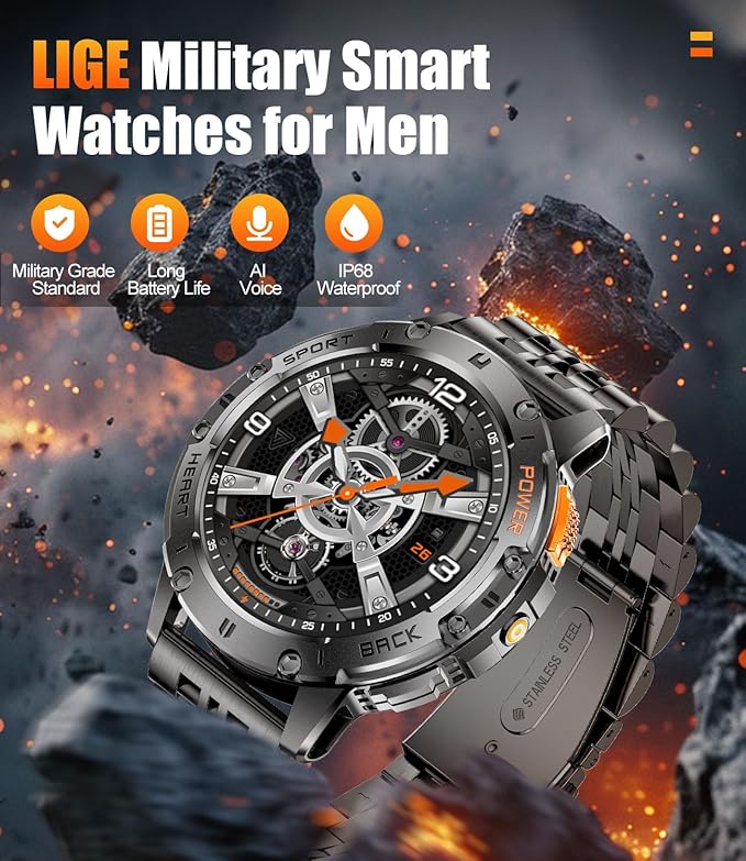 Military Smart Watches for Men with LED Flashlight,3 Straps,1,43'' AMOLED Smartwatch for Men with 530mAh Battery,5ATM Waterproof Fitness Tracker Smart Watch with Answer/Make Call iOS Android