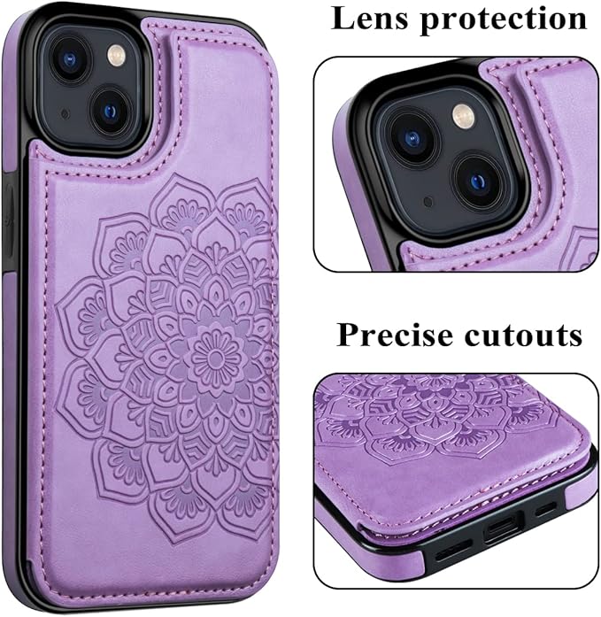 MMHUO for iPhone 14 Case with Card Holder, Flower Magnetic Back Flip Case for Women, Protective Case Phone Case for iPhone 14, Purple
