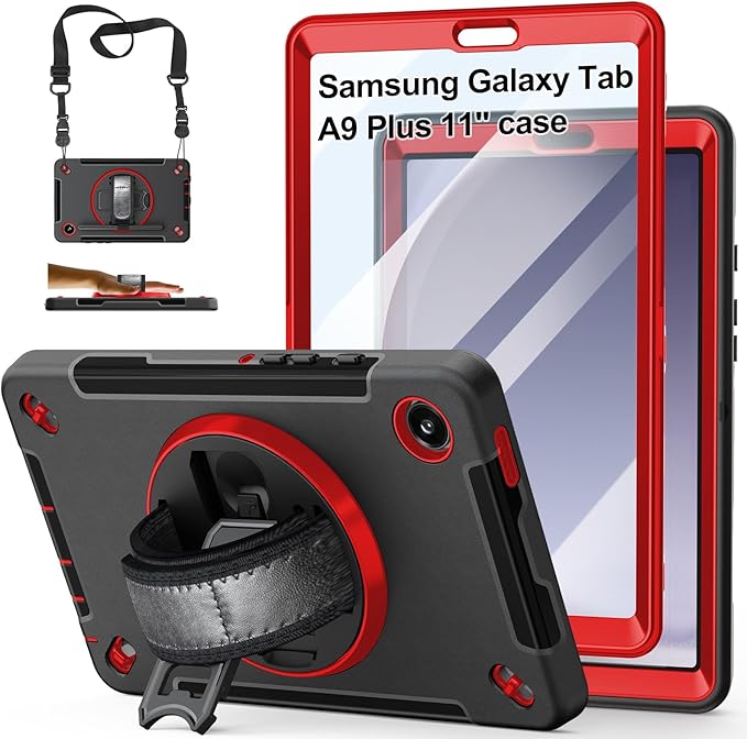 Case for Galaxy Tab A9 Plus 5G 2023: Heavy Duty TPU Cover for Samsung Tablet A9+ 11 Inch with Stand - Handle - Shoulder Strap -S-Pen Holder- Red Black