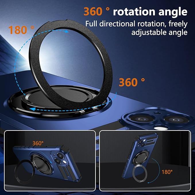 Magnetic for iPhone 15 Case Compatible with MagSafe Wireless Charging,15 Phone Case with 2 Screen Protectors,Built-in Kickstand Ring Military Grade Drop Shockproof Heavy Duty Protection Blue