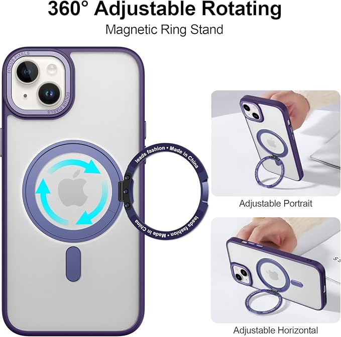 ZIYE Magnetic Case for iPhone 15 Plus Case with Stand [Compatible with MagSafe] Slim Shockproof Military Grade Heavy Duty Cover with 360 Rotatable Ring Kickstand for Women Men, Translucent Purple