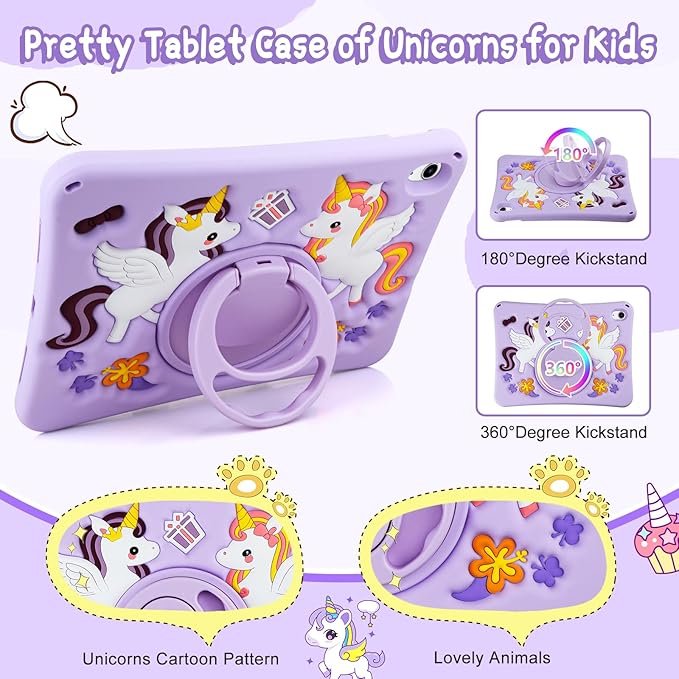 HianDier for iPad A16 Case 11th 2025 iPad 10th Generation Case for Kids Cute Unicorn Silicone Tablet Cover with Detachable Strap and Rotatable Stand Shockproof Cover for iPad 11inch 10.9inch-Purple