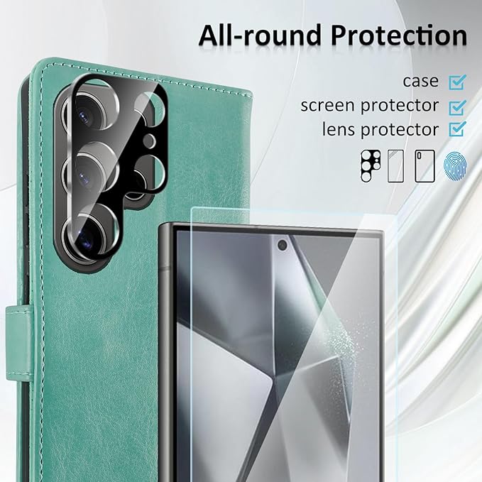 MONASAY Wallet Case Fit for Samsung Galaxy S24 Ultra 5G，[Lens & Glass Screen Protector] [RFID Blocking] Flip Folio Leather Cell Phone Cover with Credit Card Holder, 6.8 inch, Mint
