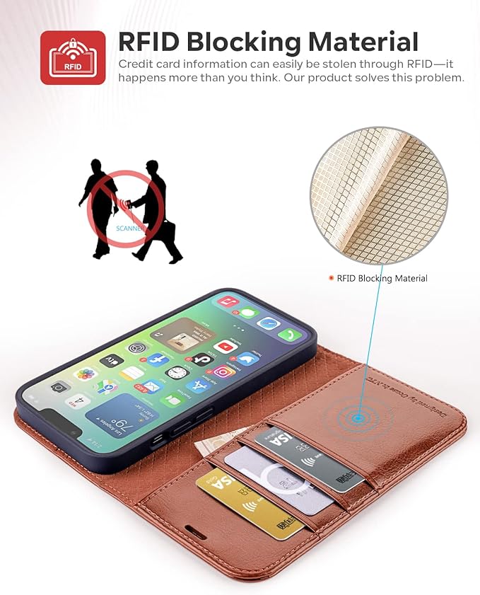 OCASE Compatible with iPhone 14 Wallet Case, PU Leather Flip Folio Case with Card Holders RFID Blocking Kickstand [Shockproof TPU Inner Shell] Phone Cover 6.1 Inch 2022 (Brown)