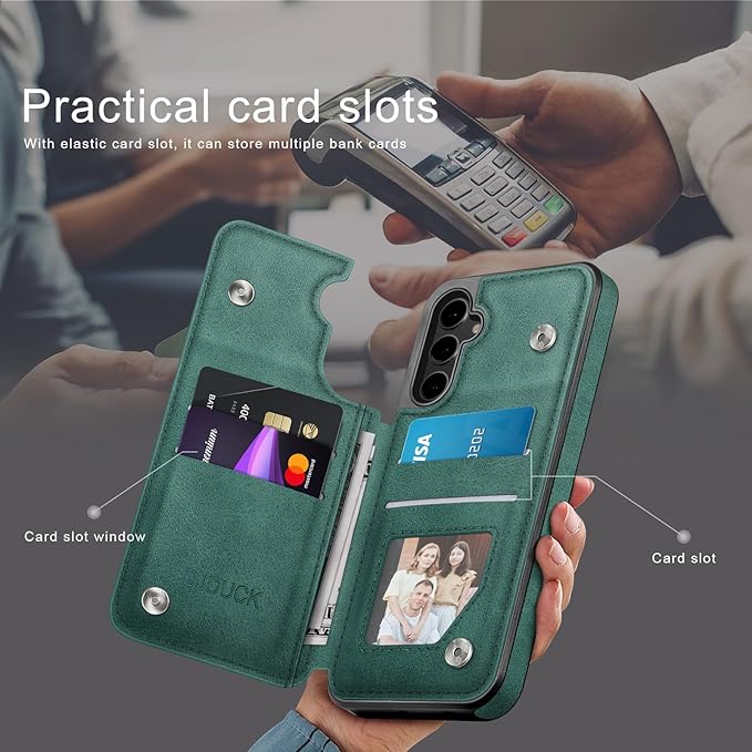 DJDUCK Designed for Samsung Galaxy S25 Case Wallet with Card Holder, [Magnetic Clasp Cover] [RFID Blocking Leather Protection] Shockproof Women Men Cases for Samsung S25 Sea Green