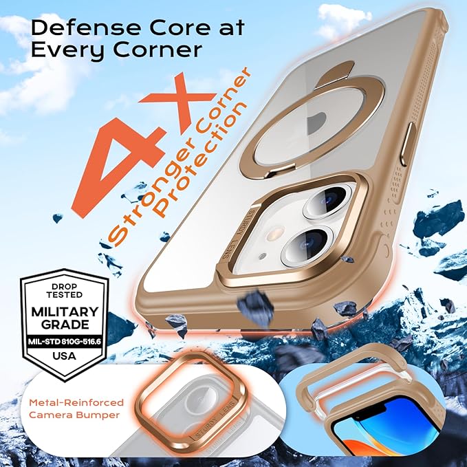 Anqrp O-Ring Magnetic Kickstand Clear Case for iPhone 12/12 Pro, Compatible with Mag-Safe, Military-Grade Reinforced 4-Corners Anti-Yellowing Transparent Phone Case Cover for iPhone 12/12 Pro, Gold