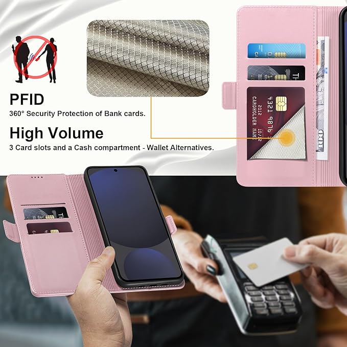 Wallet Flip Case for Samsung Galaxy S24 FE 5G - [RFID Blocking] Luxury PU Leather Card Holder Magnetic Phone Cover with Kickstand,Shockproof Protective Case,Pink