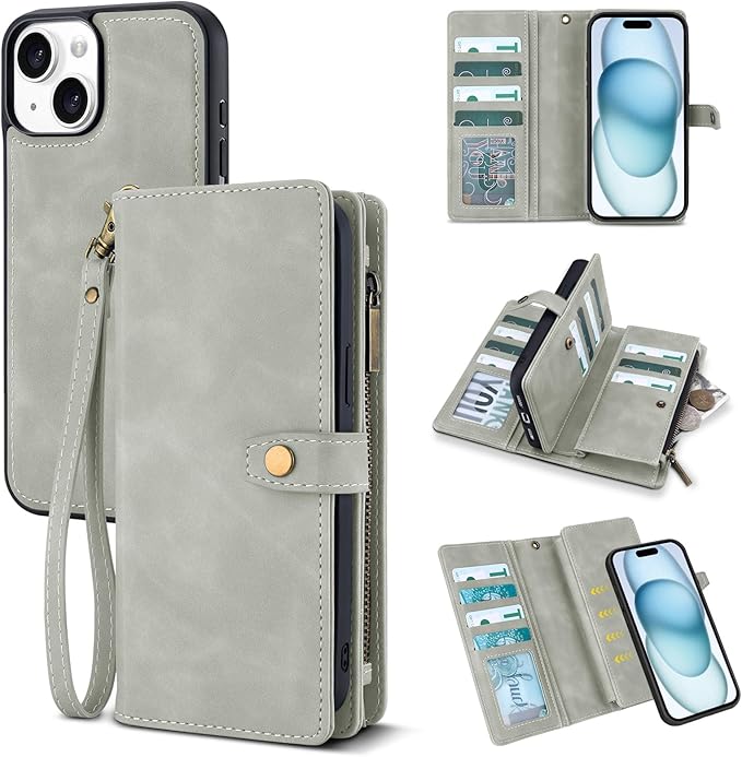 TwoHead Wallet Case Compatible with iPhone 15,Detachable Magnetic Phone Case,All-Round Protective Leather Phone Case with Card Holder,6.1 in,Gray