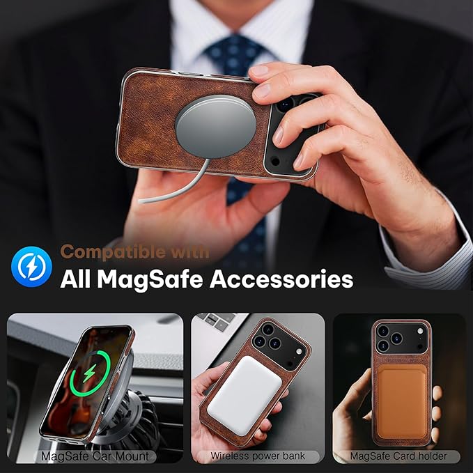 LOHASIC for iPhone 17 Pro Max Leather Case, Compatible with MagSafe, Vintage Elegant PU & Metal Bumper Trim, Protective Phone Cover Magnetic Case for iPhone17 Pro Max 6.9" 2025 - Retro Brown