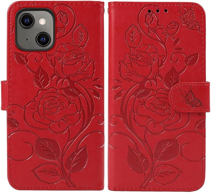 for iPhone 15 Case 6.1", Apple 15 Wallet Case with Tempered Glass Screen Protector, Flower Leather Flip Protective Case Credit Card Holder Stand Phone Cover for iPhone 15 Red