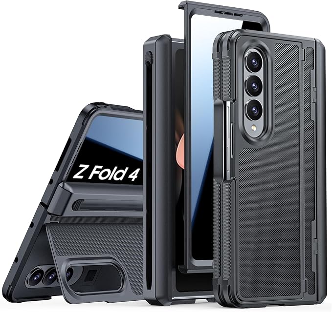for Galaxy Z Fold 4 Case, S Pen Holder & Privacy Screen Protector & Kickstand & Hinge Protection, Slim Rugged Military-Grade Shockproof Protective Phone Case for Samsung Fold 4 (Black)