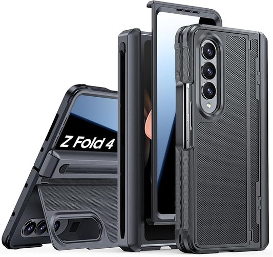 for Galaxy Z Fold 4 Case, S Pen Holder & Privacy Screen Protector & Kickstand & Hinge Protection, Slim Rugged Military-Grade Shockproof Protective Phone Case for Samsung Fold 4 (Black)