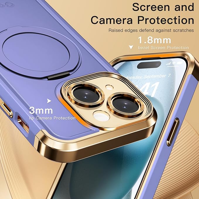 COOLQO for iPhone 13 Case 6.1'' Upgraded 360° Spin Magnetic Stand [Compatible with Magsafe][Military Protection] Plating Matte Scratch-Resistant Back Protective Shockproof Phone Case, Purple Gold