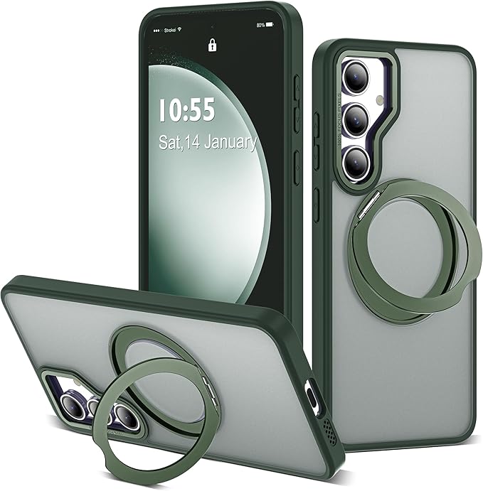 for Samsung Galaxy S23 FE Case with 360° Rotatable Magnetic Ring Stand Compatible with Mag-Safe Military Protection Shockproof Matte Translucent Phone Cases for S23 FE,Dark Green